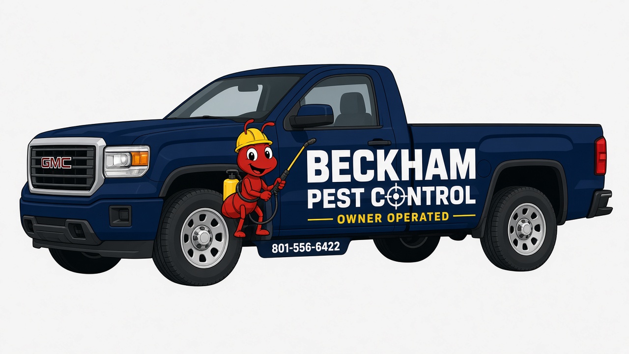 Beckham Pest Control work truck — Owner Operated, yellow-hat ant mark.